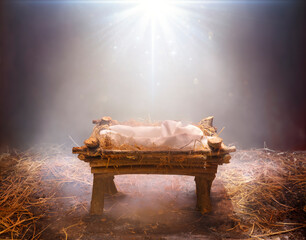 Wall Mural - Fog And Empty Manger With Light Falling On It  -  Waiting For The Messiah