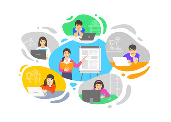 Fototapete - Virtual class online school distance learning teleconference. Kids stay home watching asian woman teacher video lesson. Remote education during coronavirus pandemic. Learning school program from home
