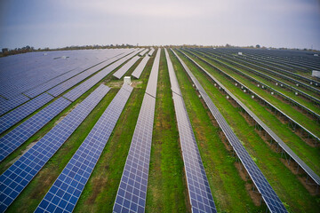 Wall Mural - Fly over a renewable solar power plant with sun in Ukraine