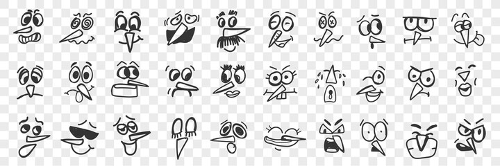 Wall Mural - Birds face doodle set. Collection of funny hand drawn cute funny bird face with beak expressing various emotions isolated on transparent background. Illustration of smiling angry and unhappy birds