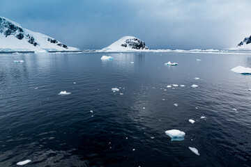 Calm waters in the protected areas of the Antarctic peninsula