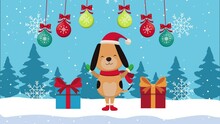 Happy Merry Christmas Animation With Dog And Balls Hanging