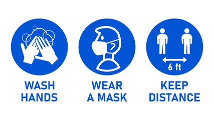 Poster - Round Instruction Signs with Basic Set of Measures against the Spread of Coronavirus Covid-19 including Wash Hands, Wear a Mask and Keep Distance 6 ft or 6 Feet. Vector Image.