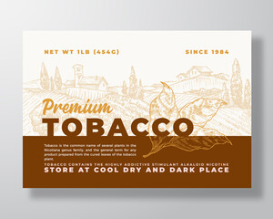 Wall Mural - Premium Tobacco Label Template. Abstract Vector Packaging Design Layout. Modern Typography Banner with Hand Drawn Leaves Branch and Rural Landscape Background. Isolated