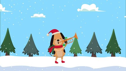 Poster - happy merry christmas animation with cute dog in snowscape