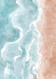 Fototapeta Boho - Boho Sea Beach with Waves Print. Abstract Background. Bohemian printable wall art, boho poster, pastel abstract art, landscape drawing, sea painting. Hand Drawn Effect