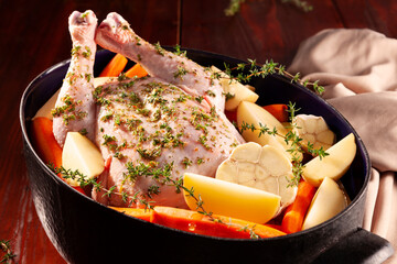 Poster - Whole raw chicken with fresh herbs and vegetables on wooden table.