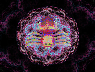 Unusual scary bright multicolor poisonous spider in bright flower, 3d render