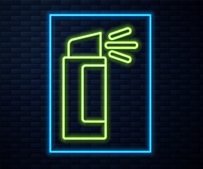 Poster - Glowing neon line Pepper spray icon isolated on brick wall background. OC gas. Capsicum self defense aerosol.  Vector.