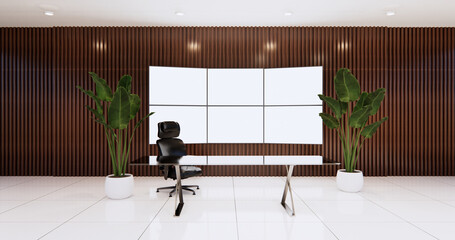 Wall Mural - CEO office design with big Tv monitor on wooden wall room, table and boss chair .3D rendering