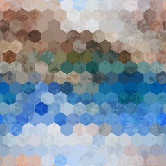 Wall Mural - Seamless hexagon geo grid colorful grungy pattern. High quality illustration. Textured hexagons that smoothly fade from color to color in an ombre gradient design. Honeycomb mesh for surface design.