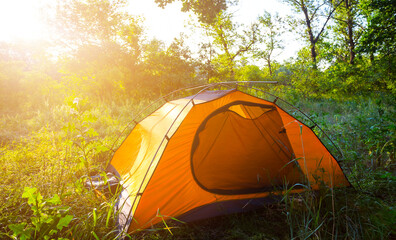closeup orange touristic tent among forest glade in the light of evening sun