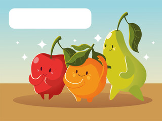 Sticker - fruits kawaii funny face cartoon cute apple orange and pear