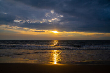  Colorful ocean beach sunset with deep blue sky, high quality image