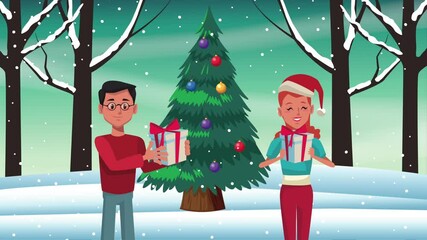 Poster - happy merry christmas animation with parents couple and pine tree in the snowscape