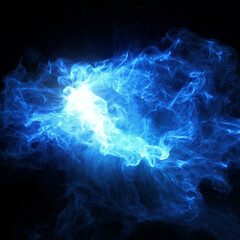 Abstract background. Blue flames and smoke, fluid effect. Blue flowing plasma and particles moving around in a fluid motion.