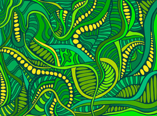 Wall Mural - Bright colorful funny psychedelic abstract background doodle style, in emerald green blue yellow colors.