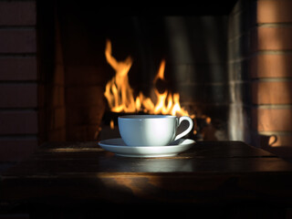 Wall Mural - A Cup of tea on the background of the fireplace