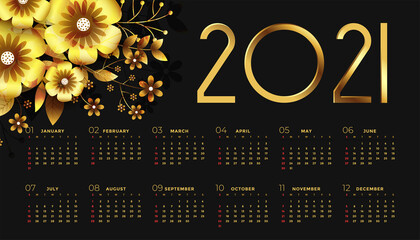 2021 new year black and golden calendar design with flowers