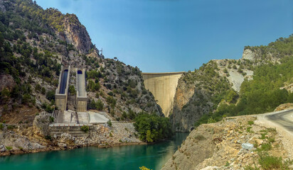 A view across the Manavgat river towards the dam and Green lake, Turkey in the summertime