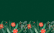 Empty Christmas Holiday Background Illustration. Festive Winter Season Backdrop Template With Traditional Flowers, Pine Tree Branch And Forest Plants. Includes Copy Space For Custom Message.
