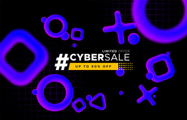 Wall Mural - Cyber sale event - web template illustration for online store discount or special offer, Technology promotion background with futuristic neon 3D geometric shapes.