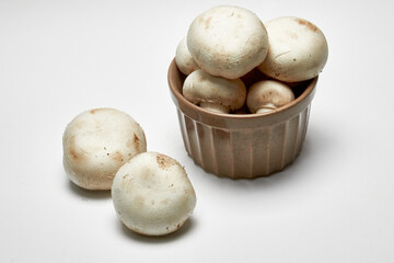 White mushrooms champignons on a light background.