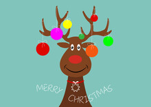 Festive Christmas Reindeer Wearing Christmas Tree With Decorative Colorful Balls On His Horns. Holiday Theme For Children, Vector Character Flat Design Cartoon Isolated On Blue Background 