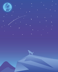 Wall Mural - landscape with wolf howling at the moon and shooting star in the sky