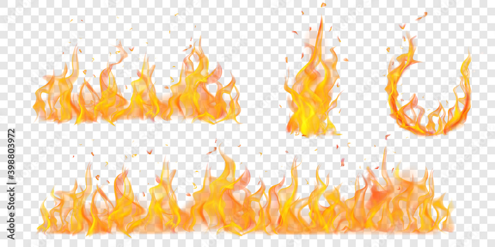 Set of translucent burning arc and campfires of flames and sparks on transparent background. For used on light illustrations. Transparency only in vector format - obrazy, fototapety, plakaty 