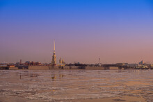 Selective Focus, Saint Petersburg, City Center. Beautiful View Of The Peter And Paul Fortress At Dawn.