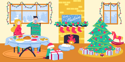 Wall Mural - family christmas scene at home with christmas dinner, christmas tree and decorations illustration ve