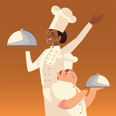 Poster - male and female chef with platter worker service restaurant