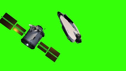 Wall Mural - docking in space of a satellite and a shuttle. 3d animation with green background for keynig