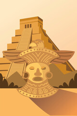 Wall Mural - aztec ornament golden mask and pyramid icons