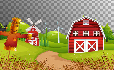 Poster - Farm with red barn and windmill on transparent background