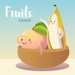 Wall Mural - fruits kawaii funny face happiness banana and peach in bowl