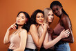 © iordani - young pretty asian, caucasian, afro woman posing cheerful together on brown background, lifestyle diverse nationality people concept