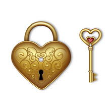 Gold Heart Shaped Padlock And Key