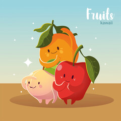 Poster - fruits kawaii face happiness apple peach and orange