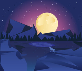 Wall Mural - landscape wolf is howling to the moon by the lake at starry sky