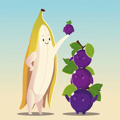 Poster - fruits kawaii funny face happiness cute grapes with banana