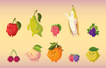 Canvas Print - fruits kawaii funny face cartoon apple cherry lemon orange peach pear and banana