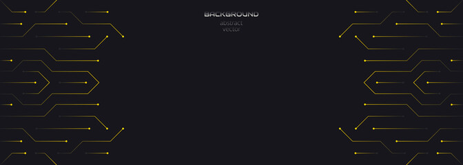 Vector abstract background on the theme of digital technology, future, cyberpunk. Dark background with bright yellow lines computer elements. Banner template design for web, copyspace.