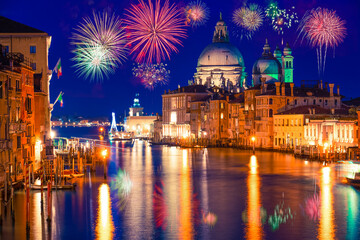 Wall Mural - Grand canal and Basilica Santa Maria della Salute with fireworks in Venice, Italy