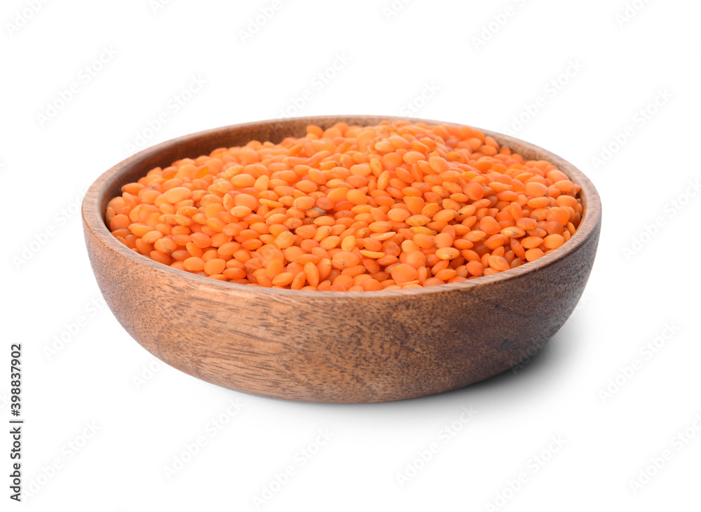 Plate of red lentils on white background