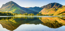Beautiful Morning Panorama 
 Of Buttermere Lake In The Lake District. England