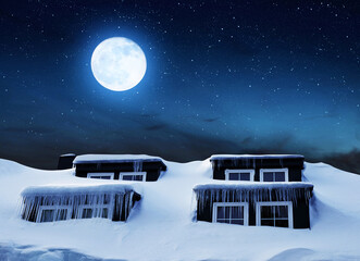 Window with icicles and snow cover on the roof in the night sky with moon. Winter season.