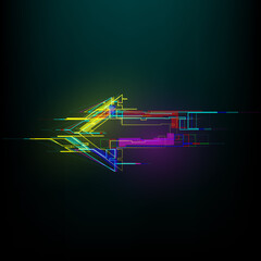 Wall Mural - Futuristic glitch right arrow in cyberpunk style. Modern glowing direction pointer with distortion effect. Good for design promo electronic music events, games, banners, web. Vector illustration