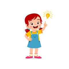 Wall Mural - cute little kid girl show idea pose expression with light bulb sign